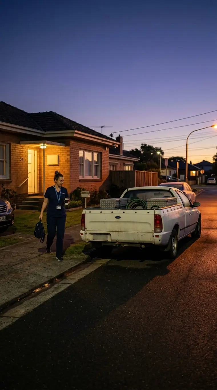 A nurse in scrubs leaving a house at dusk and walking towards a ute parked on the street.