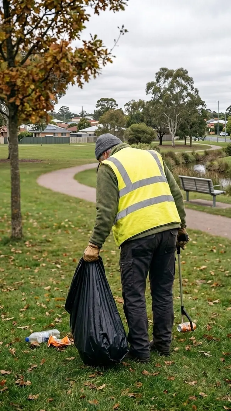 A person in a hi-vis vest bending to pick up litter beside a path in a local park.