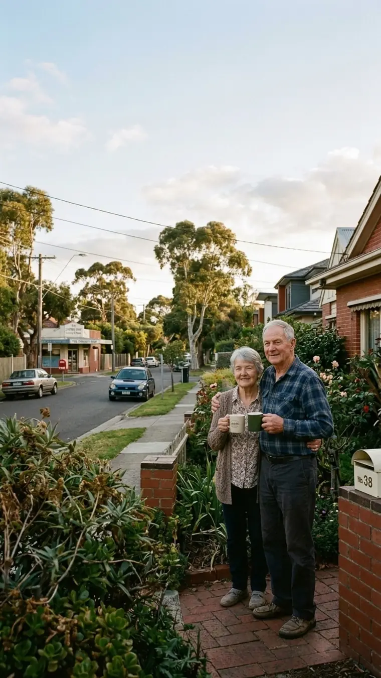 An older couple standing together at their front fence, holding cups of tea.