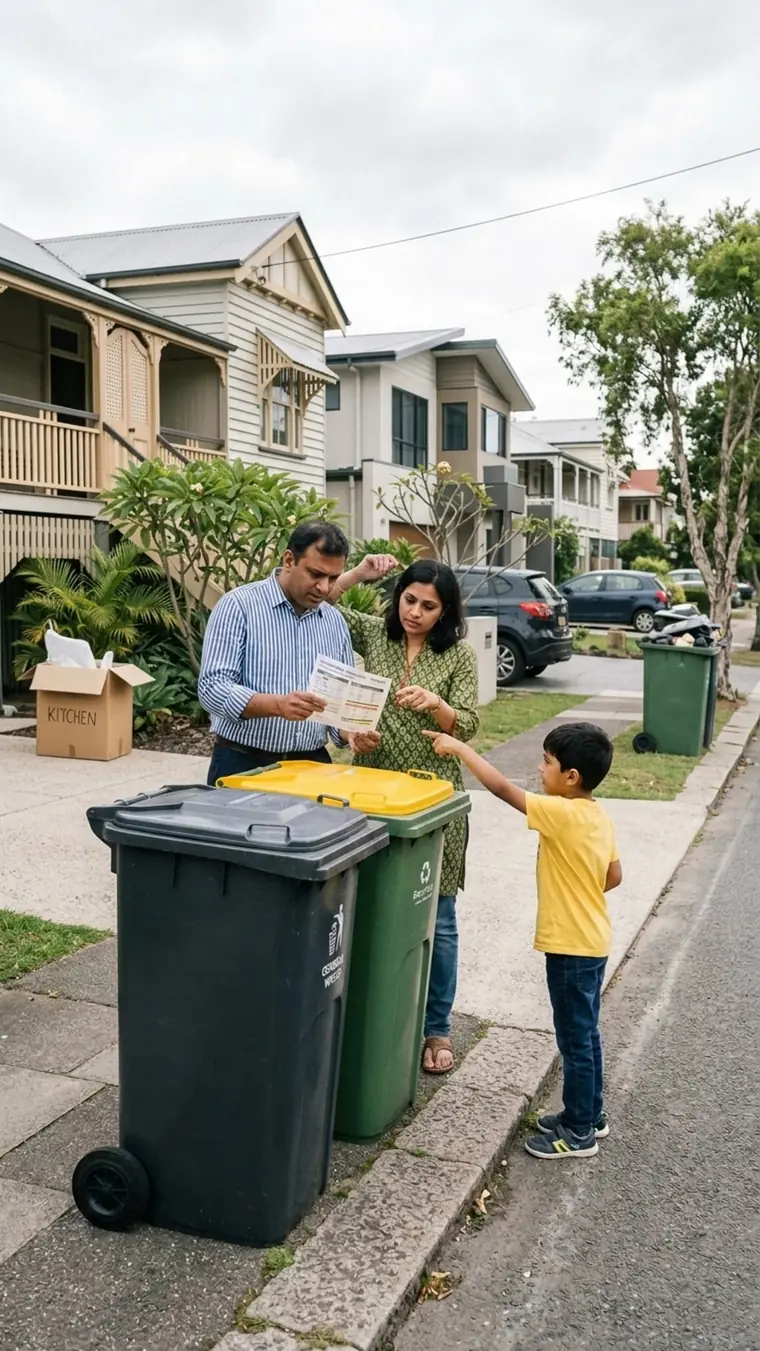 A family at the kerb beside their wheelie bins, reading a collection notice together.