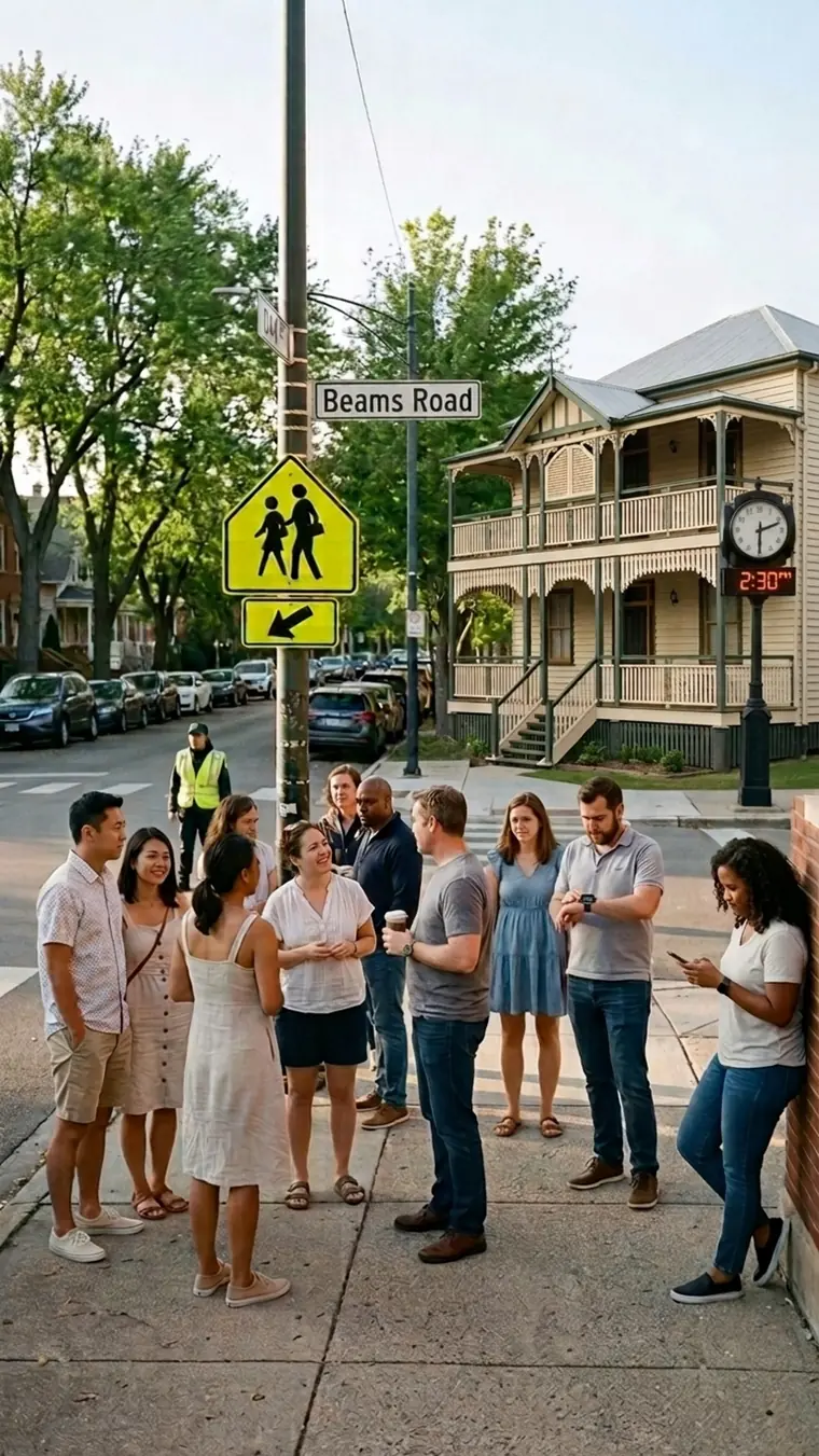 Parents standing and talking on a street corner beside a school crossing sign.