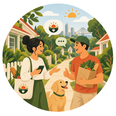 Two neighbours chatting on a leafy street with a golden dog beside them, one carrying a bag of vegetables.