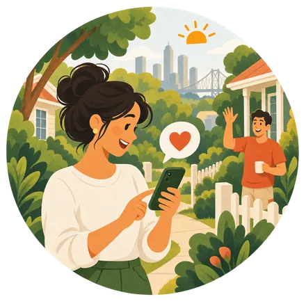 A woman in a front garden looking at a listing on her phone while a neighbour waves to her over the fence.