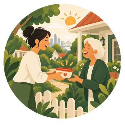 A woman handing a covered dish across a garden fence to an older neighbour standing on her porch.