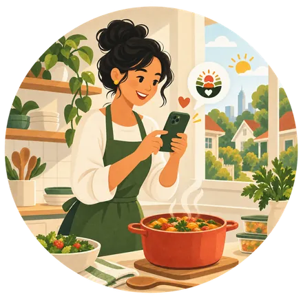 A woman in an apron photographing a big pot of cooked food on her kitchen bench, with herbs and vegetables around her.