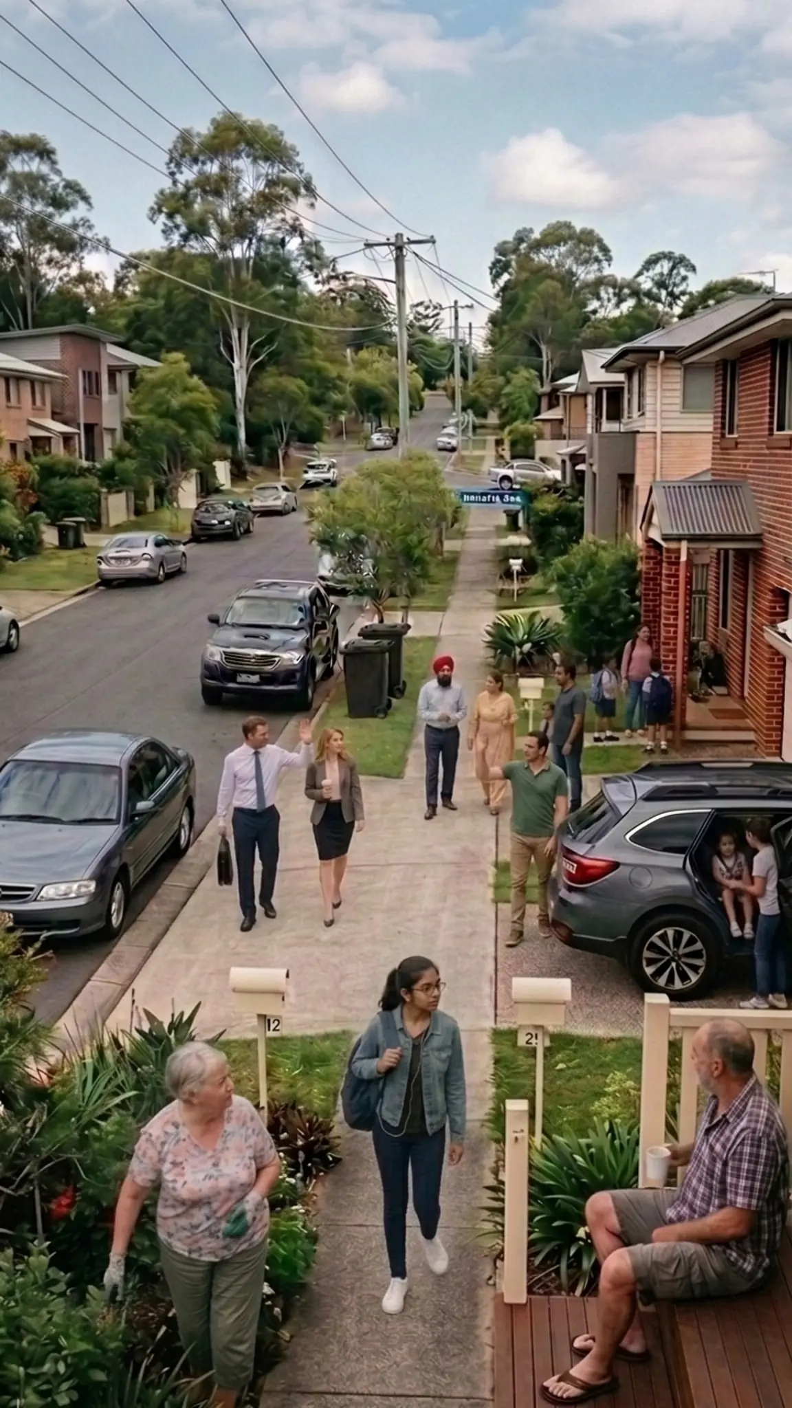The same street as before, with the same neighbours now stopped in groups along the footpath, talking to one another.