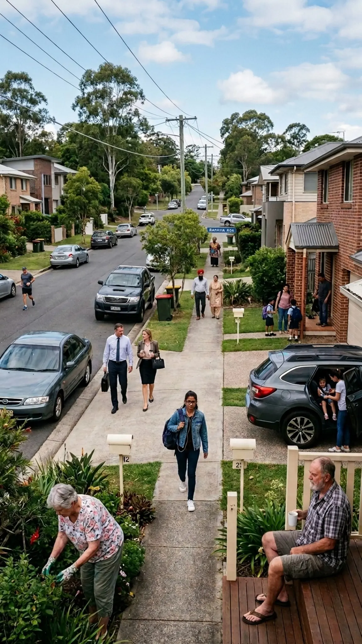 A suburban Brisbane street on an ordinary afternoon. People are walking, gardening and sitting on a porch, each of them on their own.