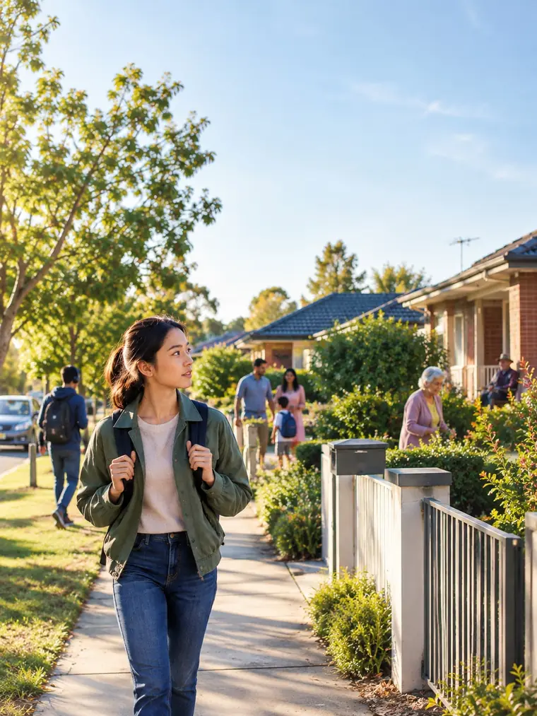 A young woman with a backpack walking home along a suburban footpath in the late afternoon.